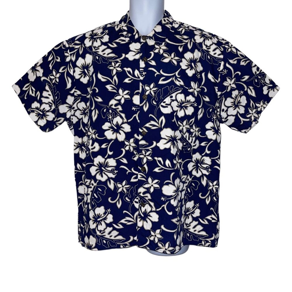 Retro Hilo Hattie Hawaiian Shirt Mens XL Floral Plumeria Leaf Aloha Beach Blue